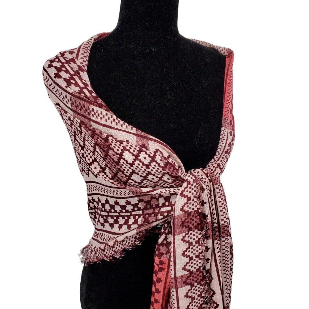 Womens Shawl Wrap Long Scarf Pink Maroon Bohemian Woven Geometric with Fringe